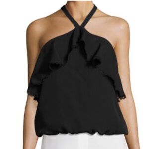 Alice + Olivia black satin ruffle halter top New Large